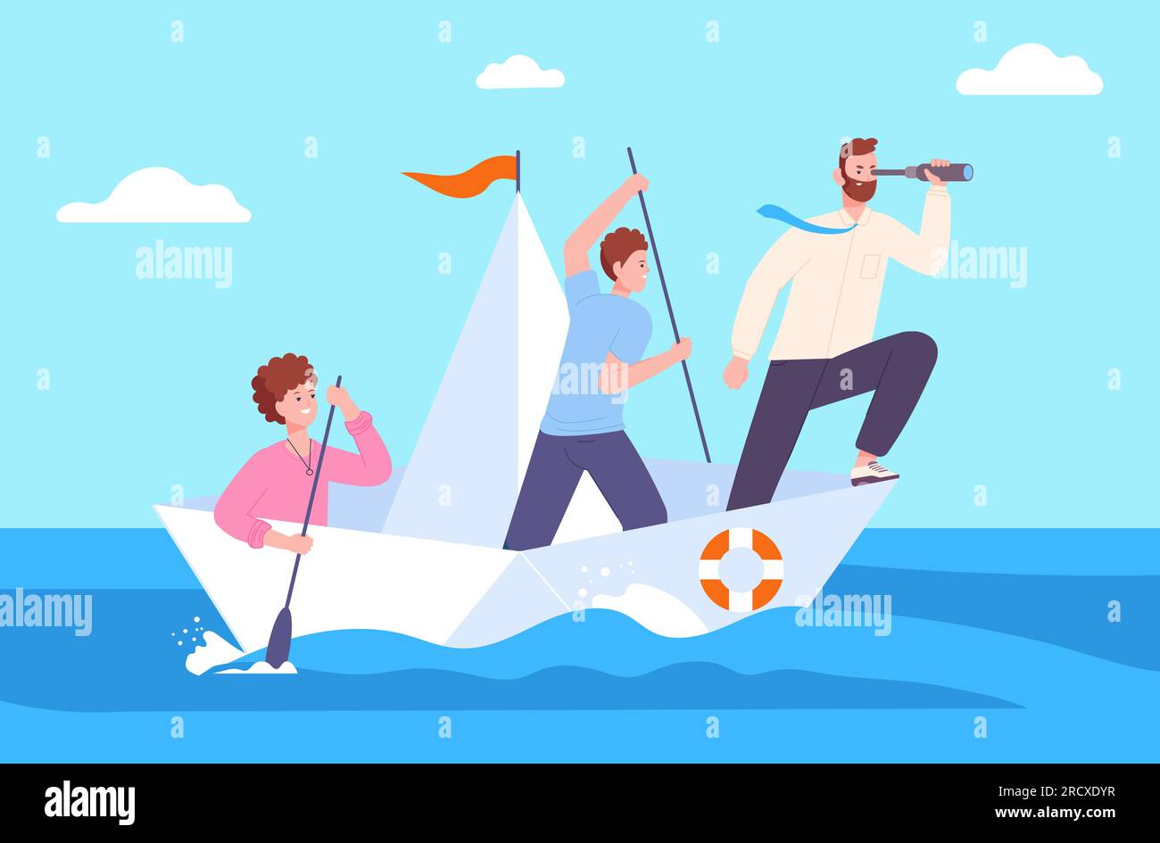 Équipe de voile. Concept de leadership, leader sur le bateau de papier conduire les collègues à la réussite future direction, les gens de la société d'affaires à la mission d'entreprise de navire, illustration vectorielle de chef d'entreprise de bateau Illustration de Vecteur