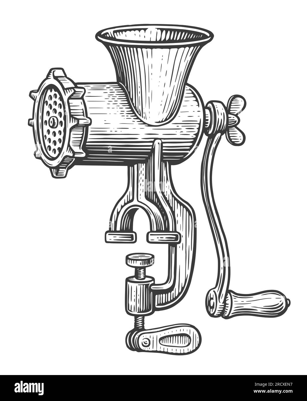 Hachoir à viande manuel en fer rétro avec poignée. Illustration du vieux hachoir à viande Banque D'Images