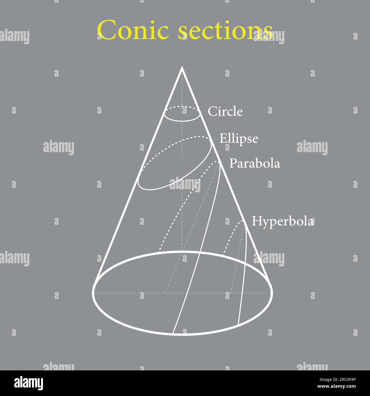 Types de sections coniques. Cercle, Ellipse, parabole et hyperbole. Illustration vectorielle isolée sur fond gris. Illustration de Vecteur