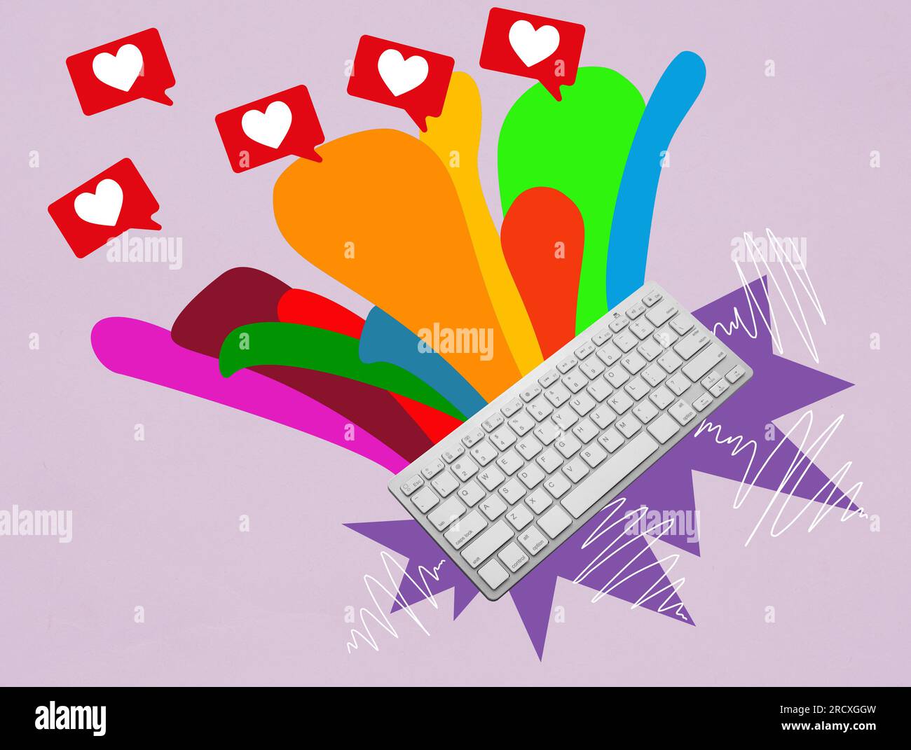 Collage de clavier, éclaboussures colorées et coeurs comme symbole d'influence dans le blogging. Banque D'Images