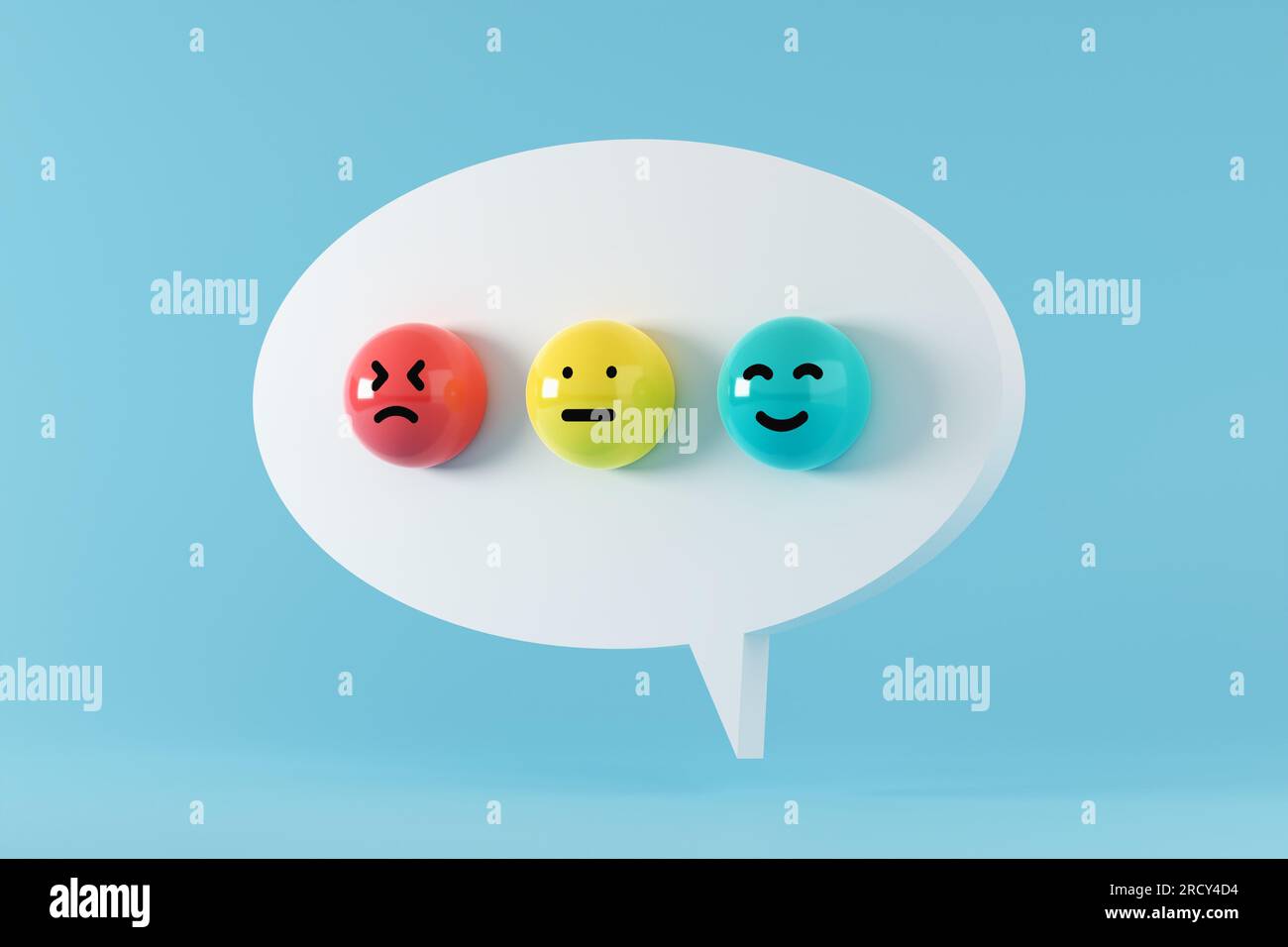 Sphères aux visages heureux, tristes et neutres sur une bulle de discours. Commentaires ou évaluation des clients. Augmenter la satisfaction et les notes des clients. Serv. D'entreprise Banque D'Images