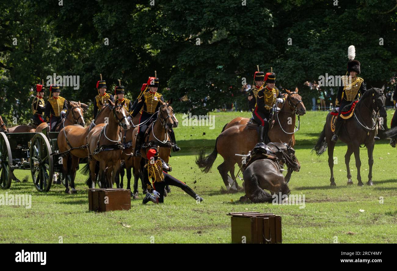 Londres, Royaume-Uni. 17 juillet 2023. King's Troop Royal Horse Artillery à Green Park Londres tirant un salut royal de 41 canons pour l'anniversaire de sa Majesté la Reine Un soldat perd le contrôle de son cheval crédit : Ian Davidson/Alamy Live News Banque D'Images