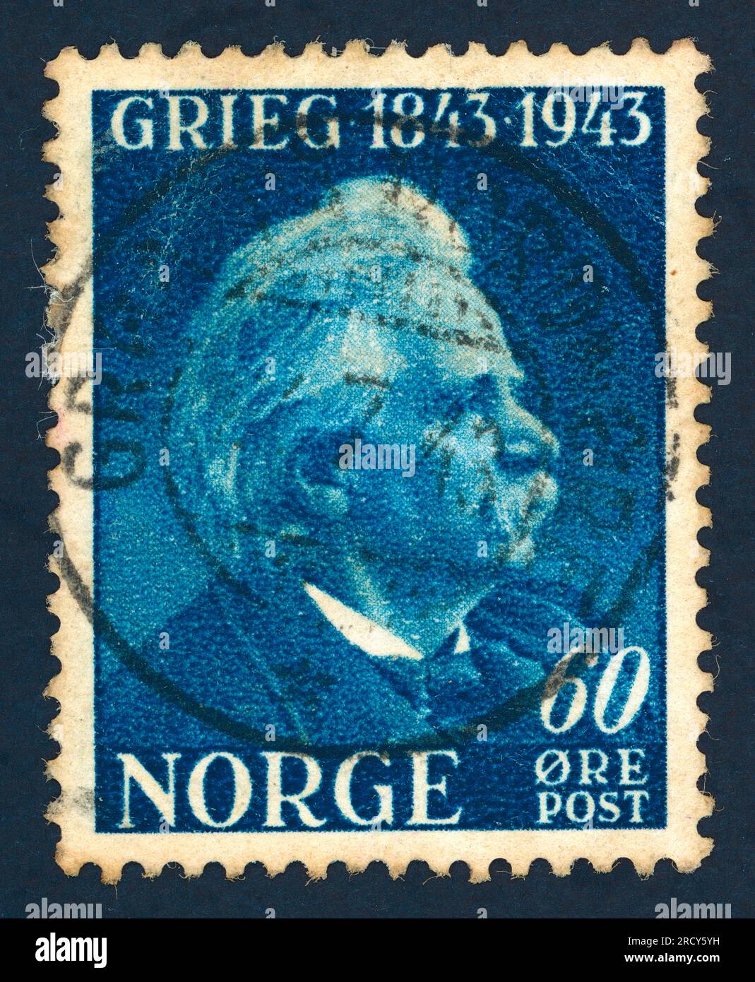 Edvard Hagerup Grieg (1843 – 1907), compositeur et pianiste norvégien. Un timbre émis en Norvège en 1943 à l'occasion du centenaire de sa naissance. Banque D'Images