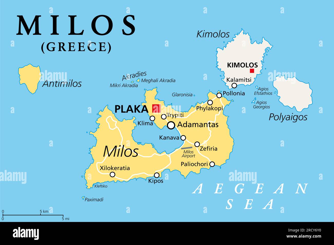 Milos, île de Grèce, carte politique. Île grecque volcanique dans la mer Égée et une partie des Cyclades. Avec Antimilos, Kimolos et Polyaigos. Banque D'Images
