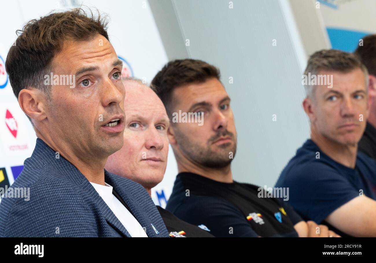 Tubize, Belgique. 17 juillet 2023. Road Sven Vanthourenhout, Track Cycling Tim Carswell, Track Cycling Kenny de Ketele et MTB Filip Meirhaeghe photographiés lors d'une conférence de presse pour présenter les sélections belges pour les Championnats du monde UCI Cyclisme, à Tubize, lundi 17 juillet 2023. Les sélections pour le cyclisme sur route, le cyclisme en intérieur, le VTT, la course BMX, le paracyclisme sur route et le paracyclisme en intérieur sont annoncées. Les Championnats du monde UCI 2023 se dérouleront à Glasgow du 05 au 13 août. BELGA PHOTO BENOIT DOPPAGNE crédit : Belga News Agency/Alamy Live News Banque D'Images