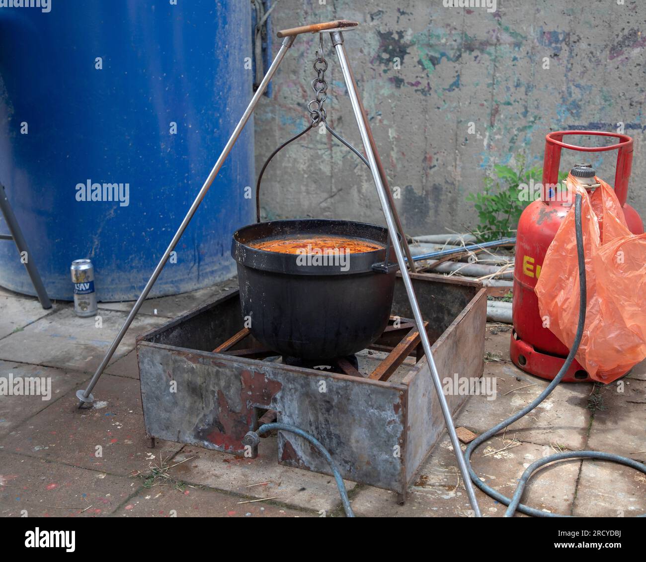 Soupe de poisson d'eau douce cuite dans un pot de poisson en plein air sur la rive du Danube Banque D'Images