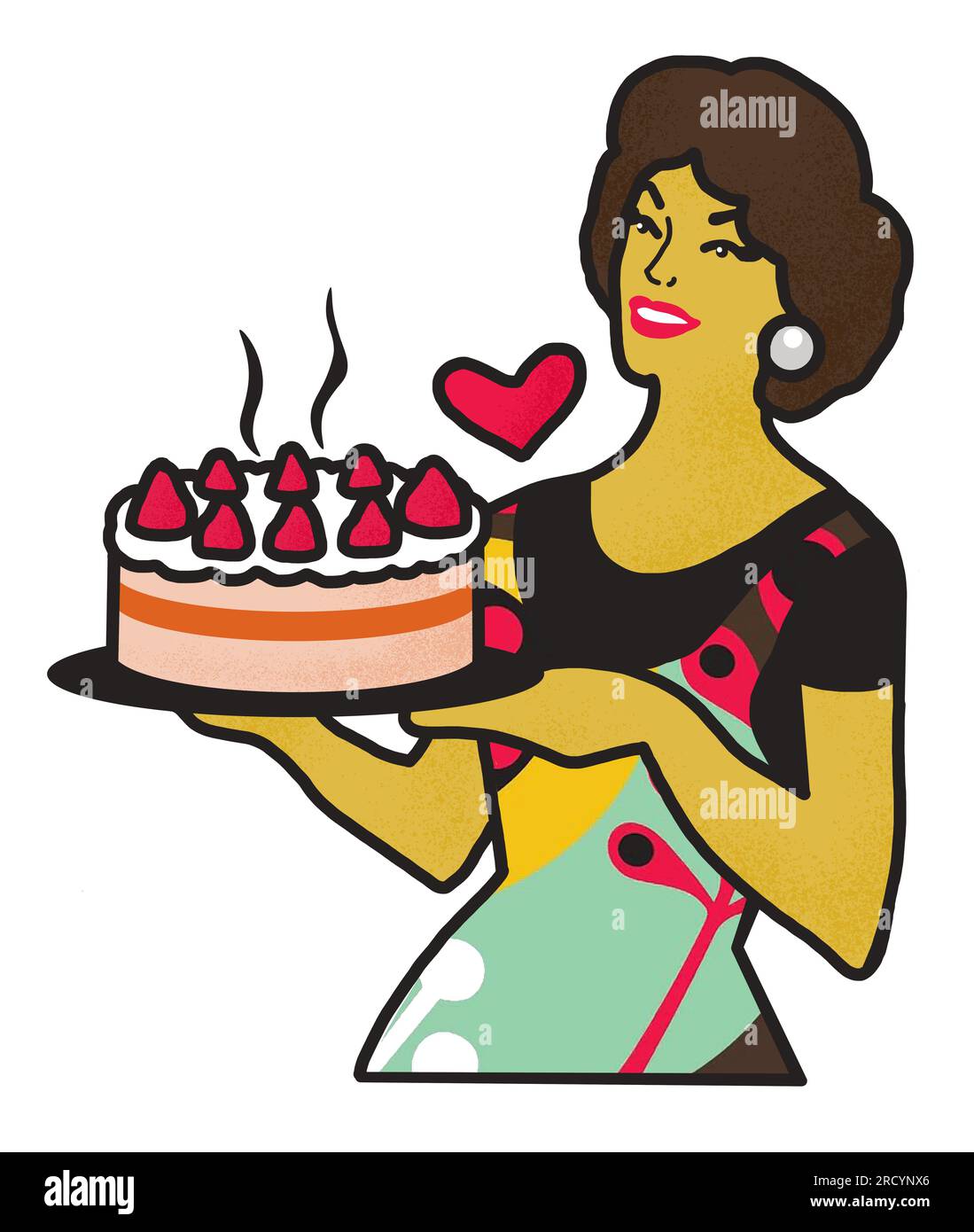 Retro Housewife tenant une illustration de gâteau, style des années 70 Femme vintage faisant cuire une illustration de dessert Banque D'Images