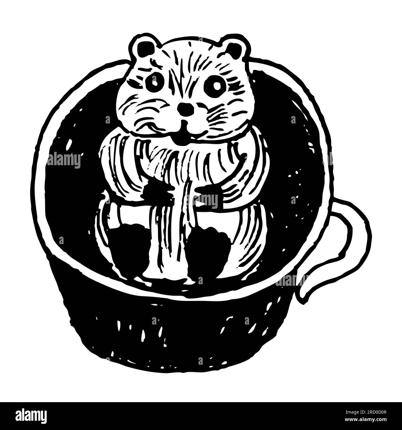 hamster heureux dans une tasse dessin noir et blanc, isoler, illustration, vecteur, Banque D'Images