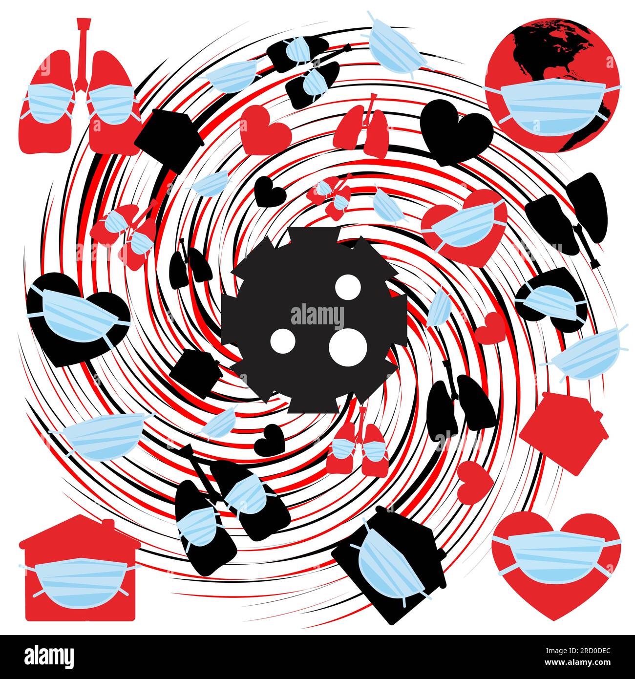 Covid vortex 19, coronavirus icônes esquissées de sédiments, poumons, globe, maison et masque. illustration vectorielle, incographiques, isoler Banque D'Images