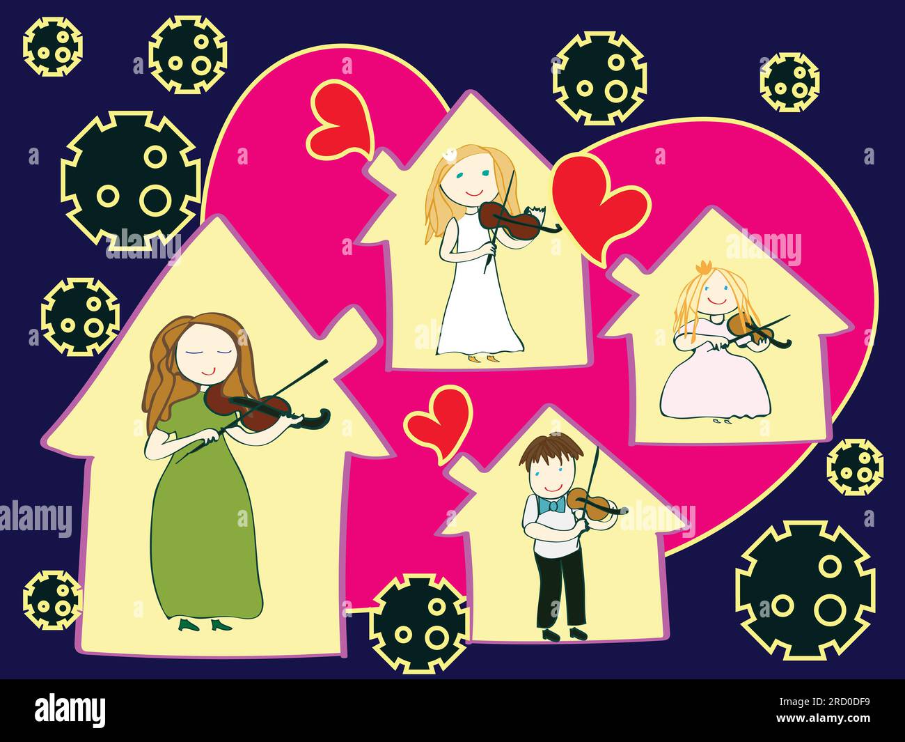 Covid 19, coronavirus. Un professeur de violon anime une leçon en ligne pour ses élèves. Reste à la maison. l'éducation à distance. illustration vectorielle Banque D'Images