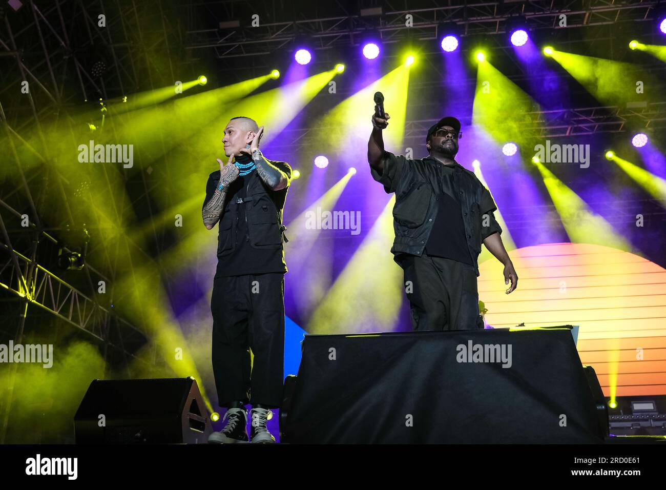 Turin, Italie. 13 juillet 2023. Le groupe de hip hop AMÉRICAIN Black Eyed Peas joue sur scène au Stupinigi Sonic Park 2023 à Turin, en Italie, le 13 juillet 2023. (Photo Bruno Brizzi/Pacific Press/Sipa USA) crédit : SIPA USA/Alamy Live News Banque D'Images