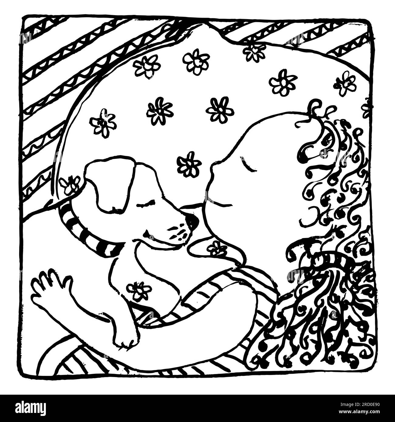 heureuse petite fille dormant avec son chiot jack russell terrier, fait à la main, enfants, style enfantin, créatif, carte de vœux, graphiques en noir et blanc, vec Banque D'Images
