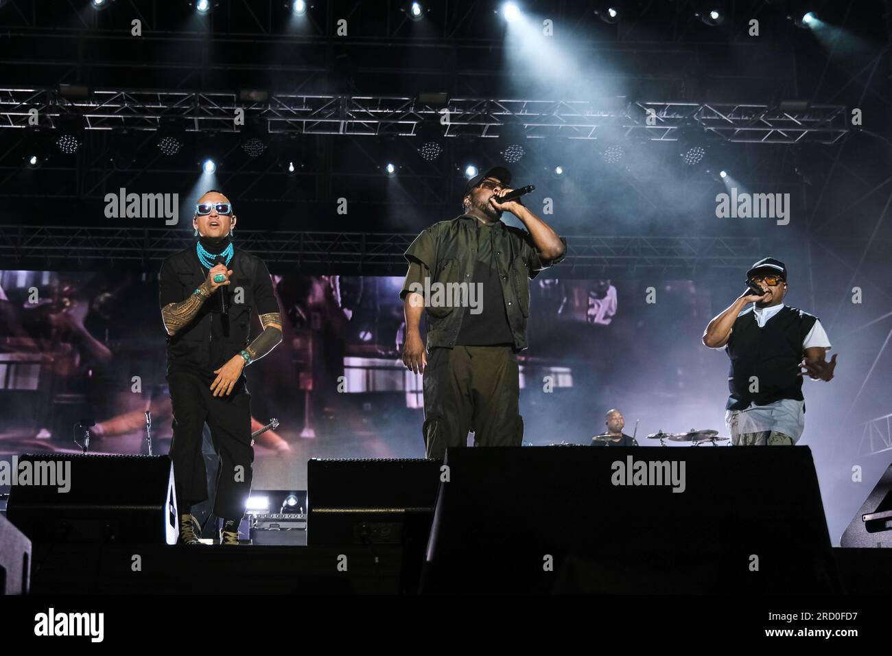 Turin, Italie. 13 juillet 2023. Le groupe de hip hop AMÉRICAIN Black Eyed Peas joue sur scène au Stupinigi Sonic Park 2023 à Turin, en Italie, le 13 juillet 2023. (Photo Bruno Brizzi/Pacific Press/Sipa USA) crédit : SIPA USA/Alamy Live News Banque D'Images