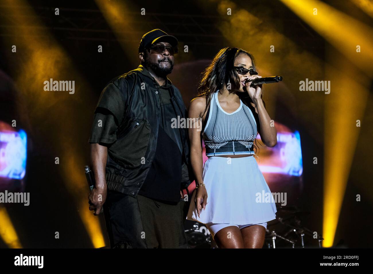 Turin, Italie. 13 juillet 2023. Le groupe de hip hop AMÉRICAIN Black Eyed Peas joue sur scène au Stupinigi Sonic Park 2023 à Turin, en Italie, le 13 juillet 2023. (Photo Bruno Brizzi/Pacific Press/Sipa USA) crédit : SIPA USA/Alamy Live News Banque D'Images