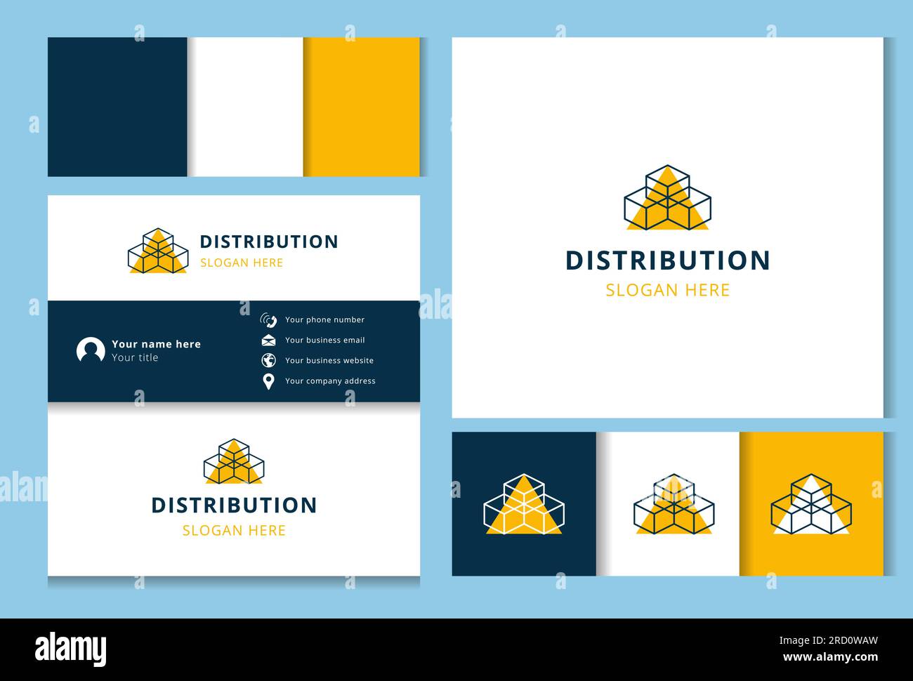 Conception de logo de distribution avec slogan modifiable. Livre de marque et modèle de carte de visite. Illustration de Vecteur