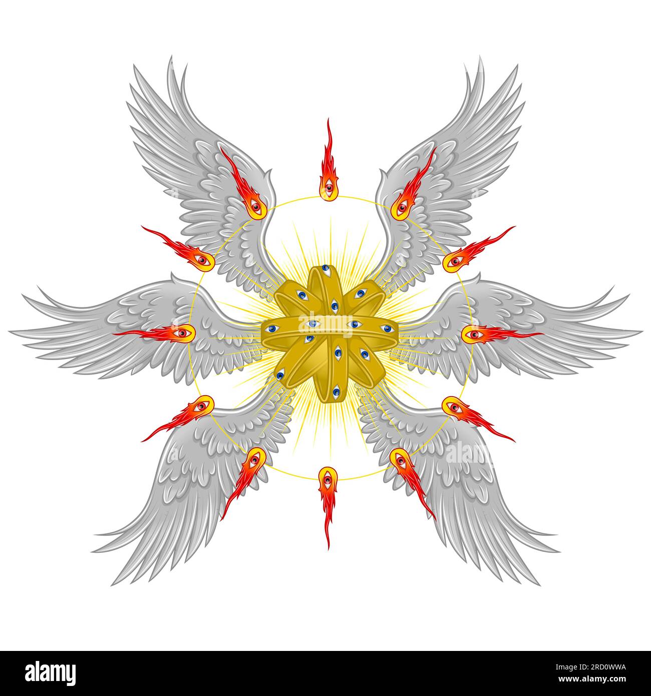 Conception vectorielle de l'ange de type trône de la théologie chrétienne. Ange biblique avec six ailes. Archange Catholique avec Halo et plumes, Trône de G ailé Illustration de Vecteur