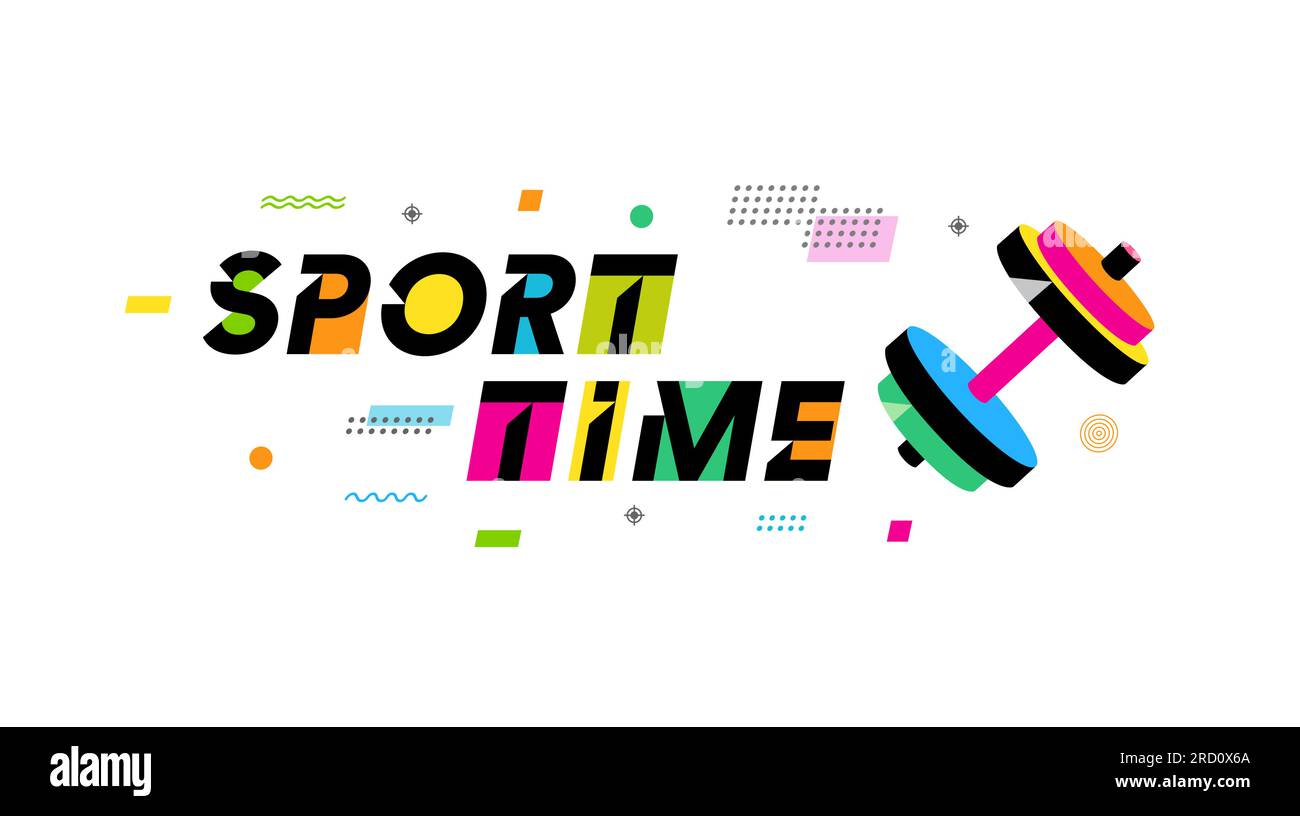 Concept créatif Sport Time avec haltère coloré et fond memphis. Illustration vectorielle pour la conception de sport de gym ou le symbole de bodybuilder Illustration de Vecteur