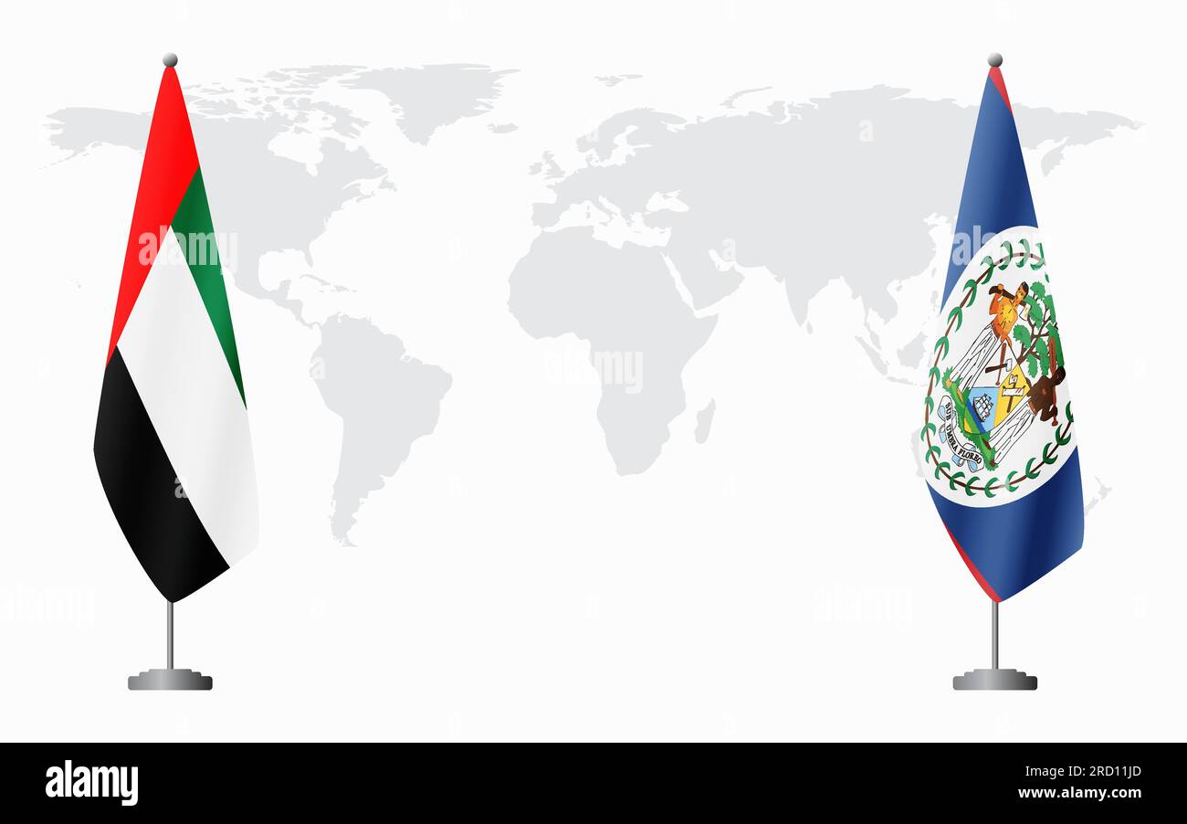 Drapeaux des Émirats arabes Unis et du Belize pour la réunion officielle sur fond de carte du monde. Illustration de Vecteur