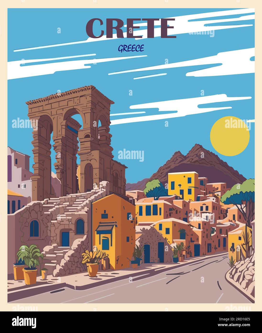 Crète, Grèce affiche de voyage dans le vecteur de style rétro. Illustration de Vecteur