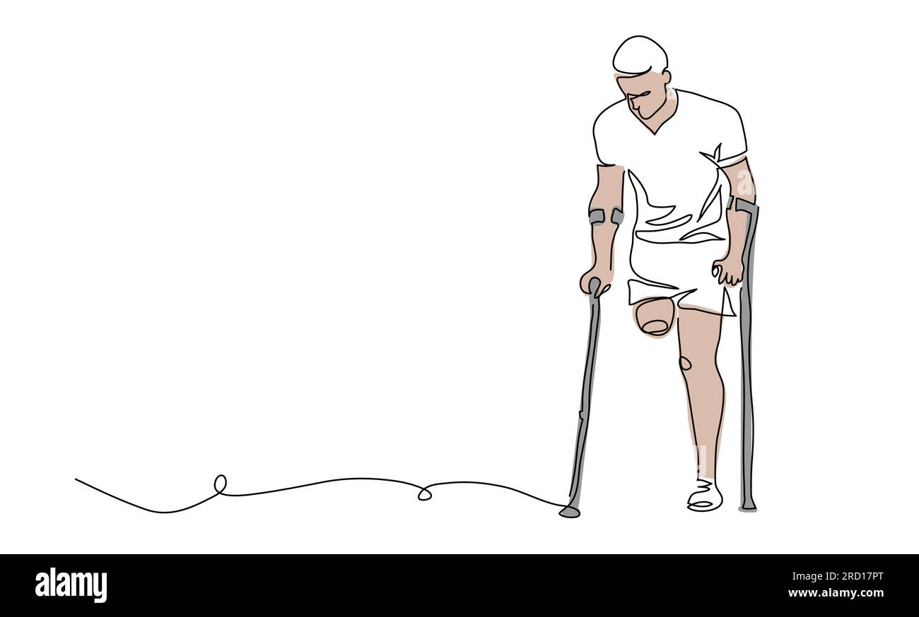 Homme handicapé avec la jambe amputée, membre utiliser des béquilles pour le soutien et la marche. Un dessin au trait continu. Illustration vectorielle simple de désactivé Illustration de Vecteur