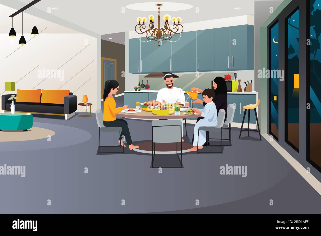 Un vecteur illustration de famille musulmane de manger le dîner à la maison Illustration de Vecteur