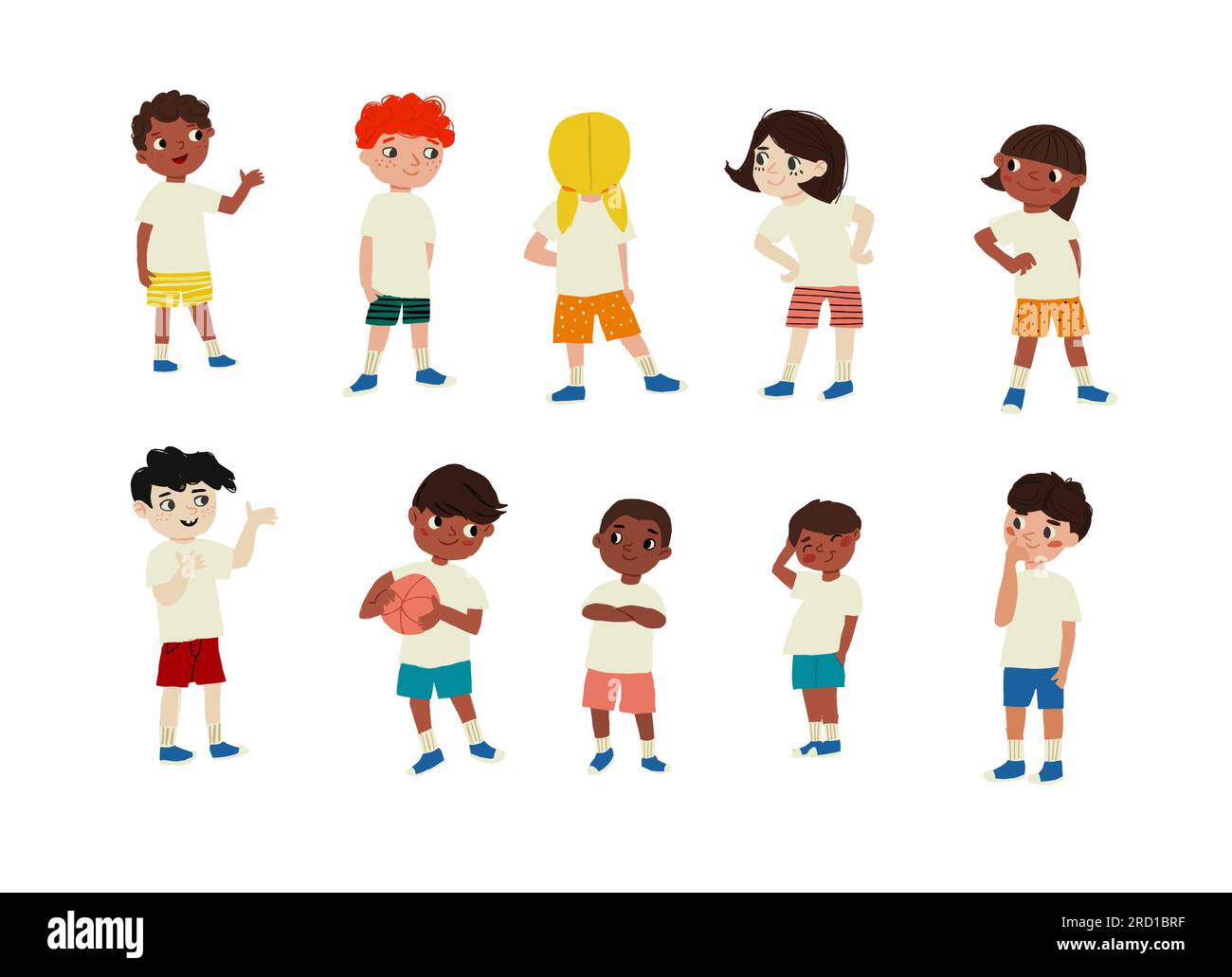 Écoliers dans des vêtements élégants, tshirts blancs, illustrations vectorielles isolées de football sur fond blanc. Illustration vectorielle Illustration de Vecteur
