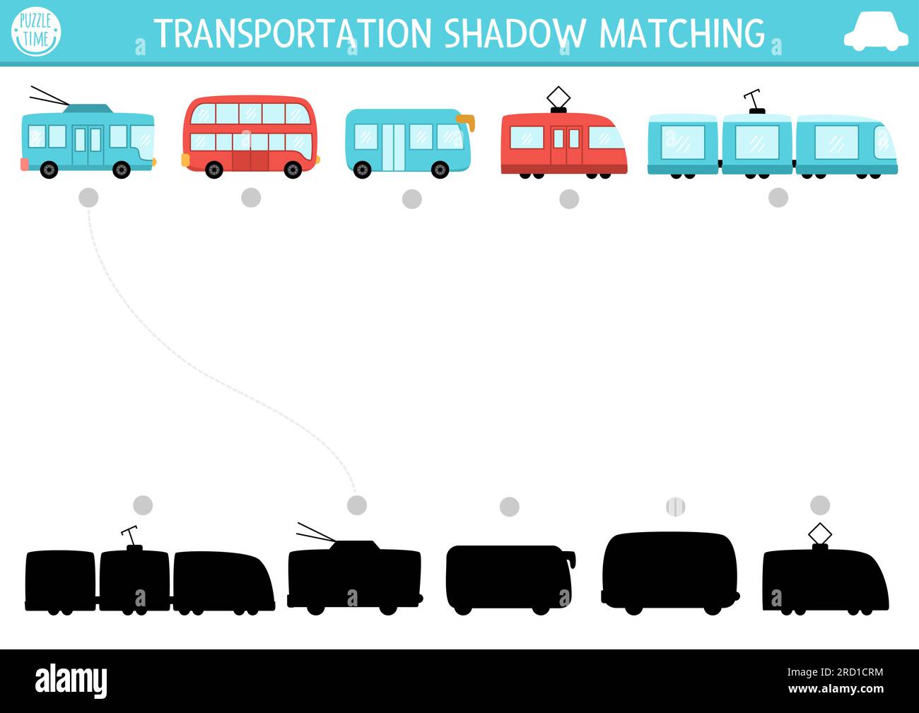 Activité de correspondance d'ombres de transport. Puzzle des transports publics avec bus mignon, trolleybus, tram, train. Trouvez la feuille de calcul imprimable de silhouette correcte o Illustration de Vecteur