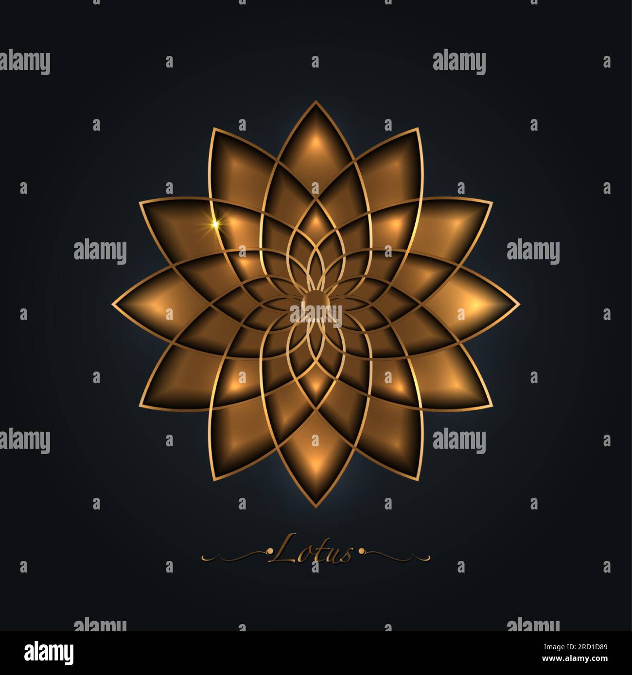 Fleur de Lotus doré, mandala à géométrie sacrée, ornement circulaire stylisé, logo floral de l'art de la ligne d'or. Symboles fleuris du yoga, du spa, du salon de beauté Illustration de Vecteur
