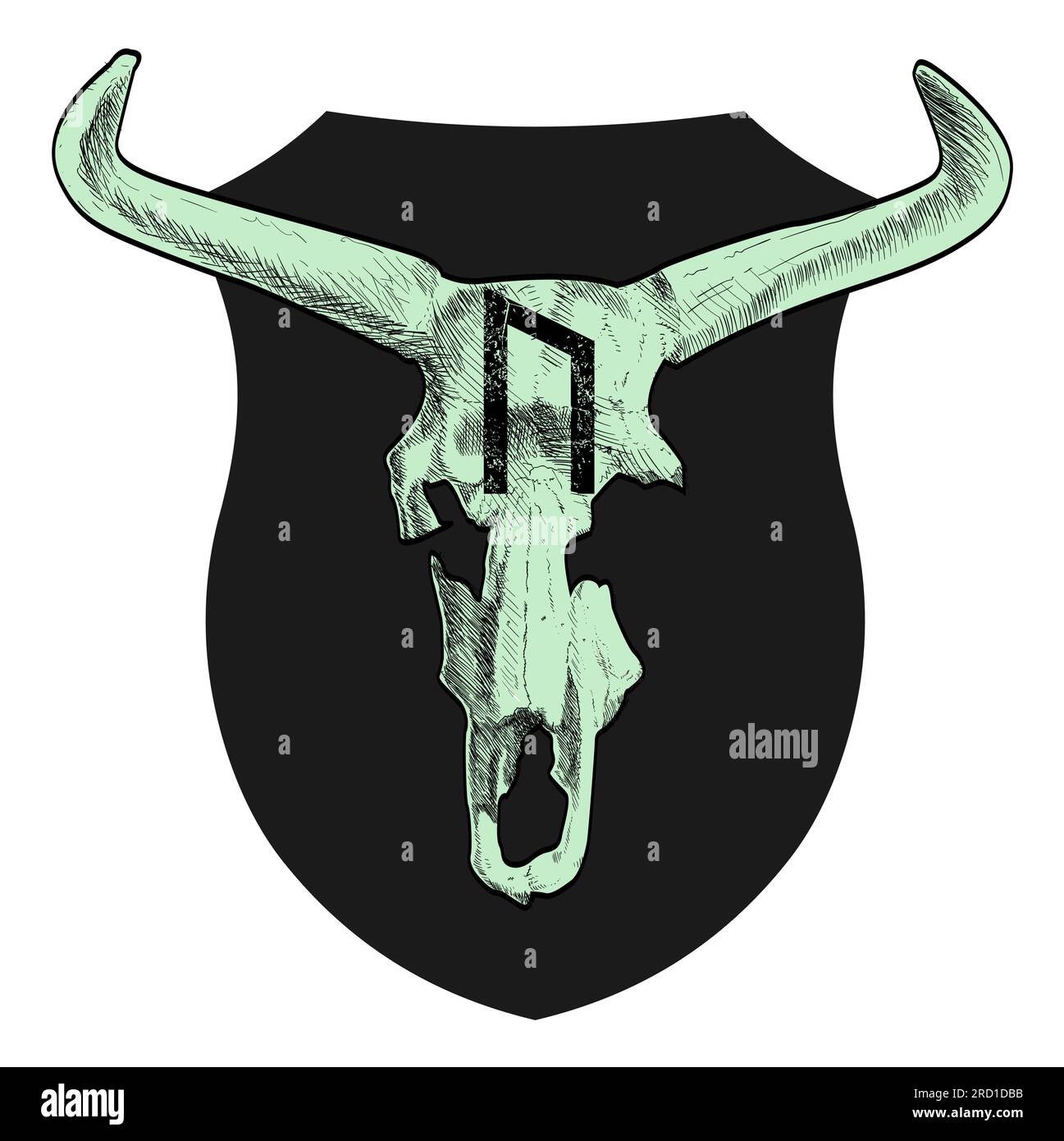 Design pour t-shirt de squelette avec corne sur bouclier noir. Lettre runique appelée Uruz à côté du squelette d'un aurochs à cornes| Illustration de Vecteur