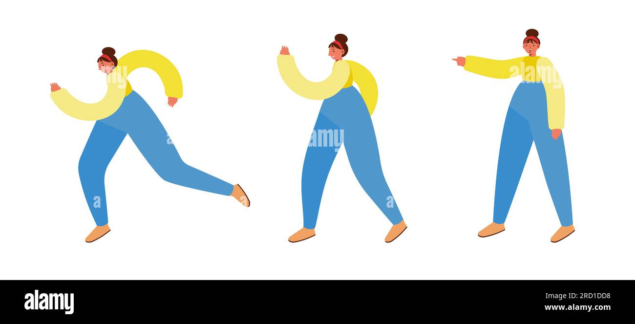 3 poses marchantes d'une femme, points avec sa main, marcher, courir. Porter une chemise à manches longues et un pantalon, proportions déformées. Illustration vectorielle Illustration de Vecteur