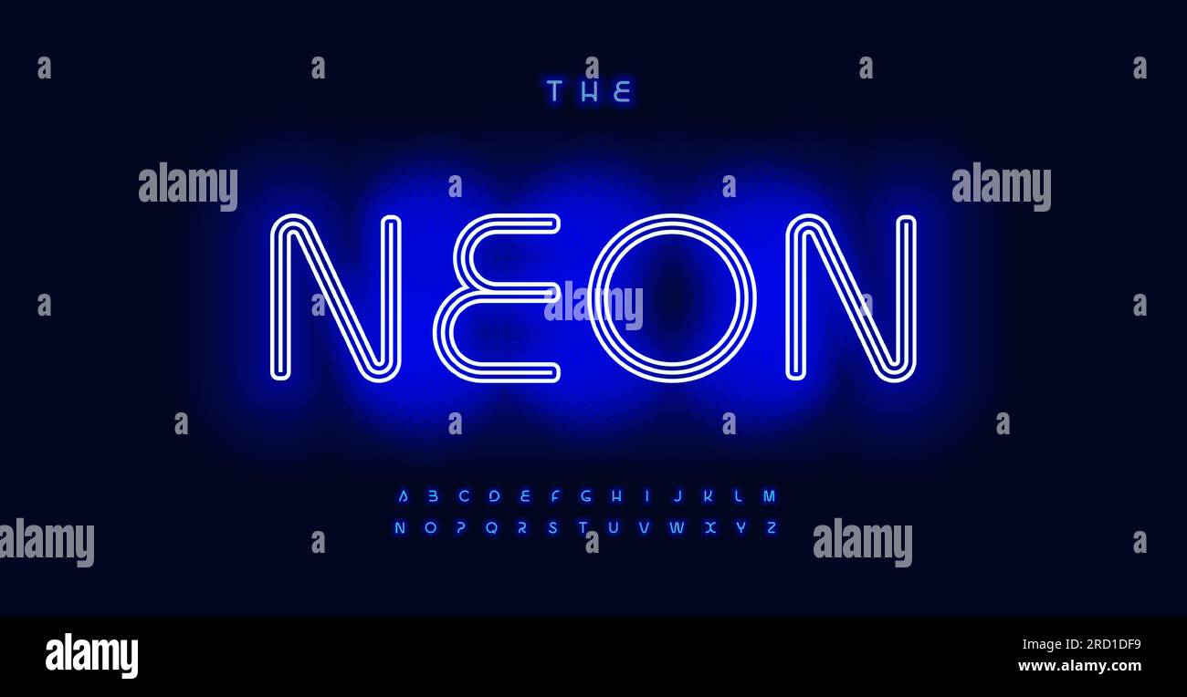 Alphabet néon bleu, caractère lumineux et vibrant, vie nocturne électrisante. Police pour logos de club, enseignes de casino, titres captivants. Jeu de caractères vectoriels. Illustration de Vecteur