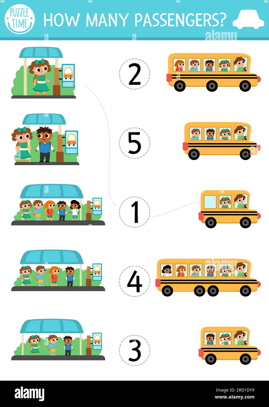 Associez le jeu de transport de numéros avec le bus scolaire. Activité mathématique de transport urbain pour les enfants d'âge préscolaire. Feuille de calcul de comptage pédagogique avec bus mignon s Illustration de Vecteur