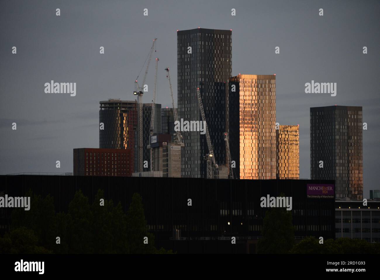 Manchester, Royaume-Uni. 18 juillet 2023. Lumière de l'aube alors que le soleil levant commence à éclairer les blocs de tour de Deansgate Square avec des grues à tour devant. Le conseil municipal de Manchester a convenu de construire plus de 1 500 appartements dans le centre-ville de Manchester, dont deux nouveaux gratte-ciel. Près de 1 000 appartements seront construits dans deux bâtiments de 51 étages au large de Great Jackson Street, à côté des principaux blocs de la tour Deansgate Square. Les critiques ont fait valoir que peu de ces appartements seront abordables et que davantage de résidents exerceront une pression sur les services existants, comme le NHS et les écoles. Crédit : Terry Waller/Alamy Live News Banque D'Images