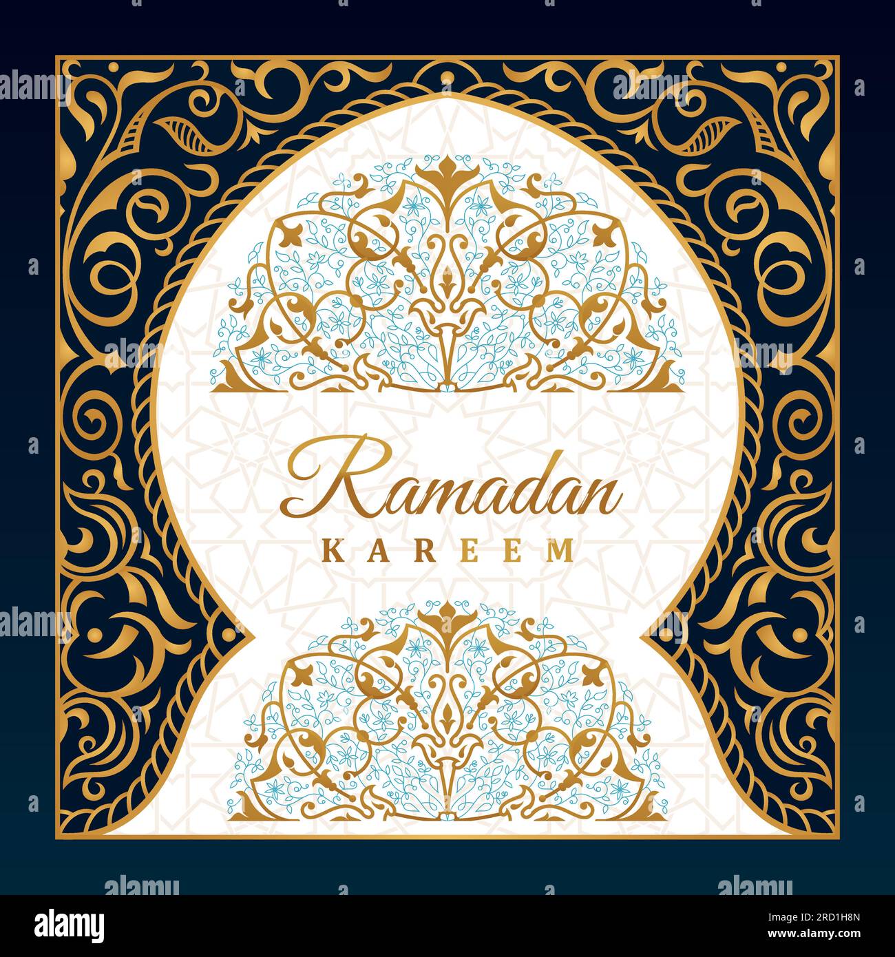 Ramadan Kareem carte de voeux islamique. Mosquée de ligne de conception orientale avec motif arabe vectoriel. Cadre de calligraphie de lune moubarak doré Illustration de Vecteur