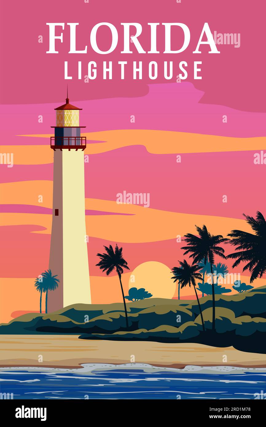 Affiche rétro Key West Lighthouse Florida. Palm, Coast, Ocean Vector Illustration de Vecteur