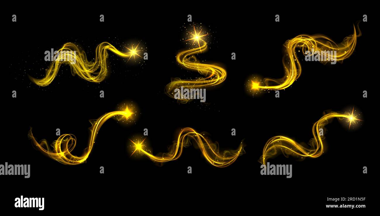 Effet de ligne de lueur magique or et vecteur de brillance tourbillon néon. Onde d'énergie avec éclat et éclat. Vortex spiral avec particule brillante. Ouragan ou tornade tornade avec stardust et belle piste volante Illustration de Vecteur