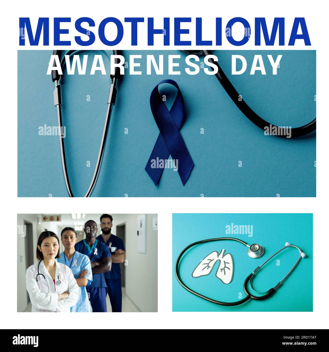 Texte de la journée de sensibilisation au mésothéliome avec ruban bleu, poumons, stéthoscope et équipe médicale diversifiée Banque D'Images