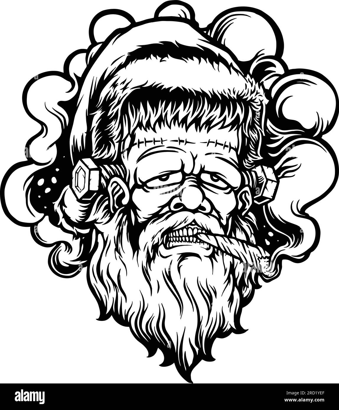 Frankenstein monstre noël fumant joints monochromes illustrations vectorielles pour votre logo de travail, t-shirt de marchandises, autocollants et dessins d'étiquettes, pos Illustration de Vecteur