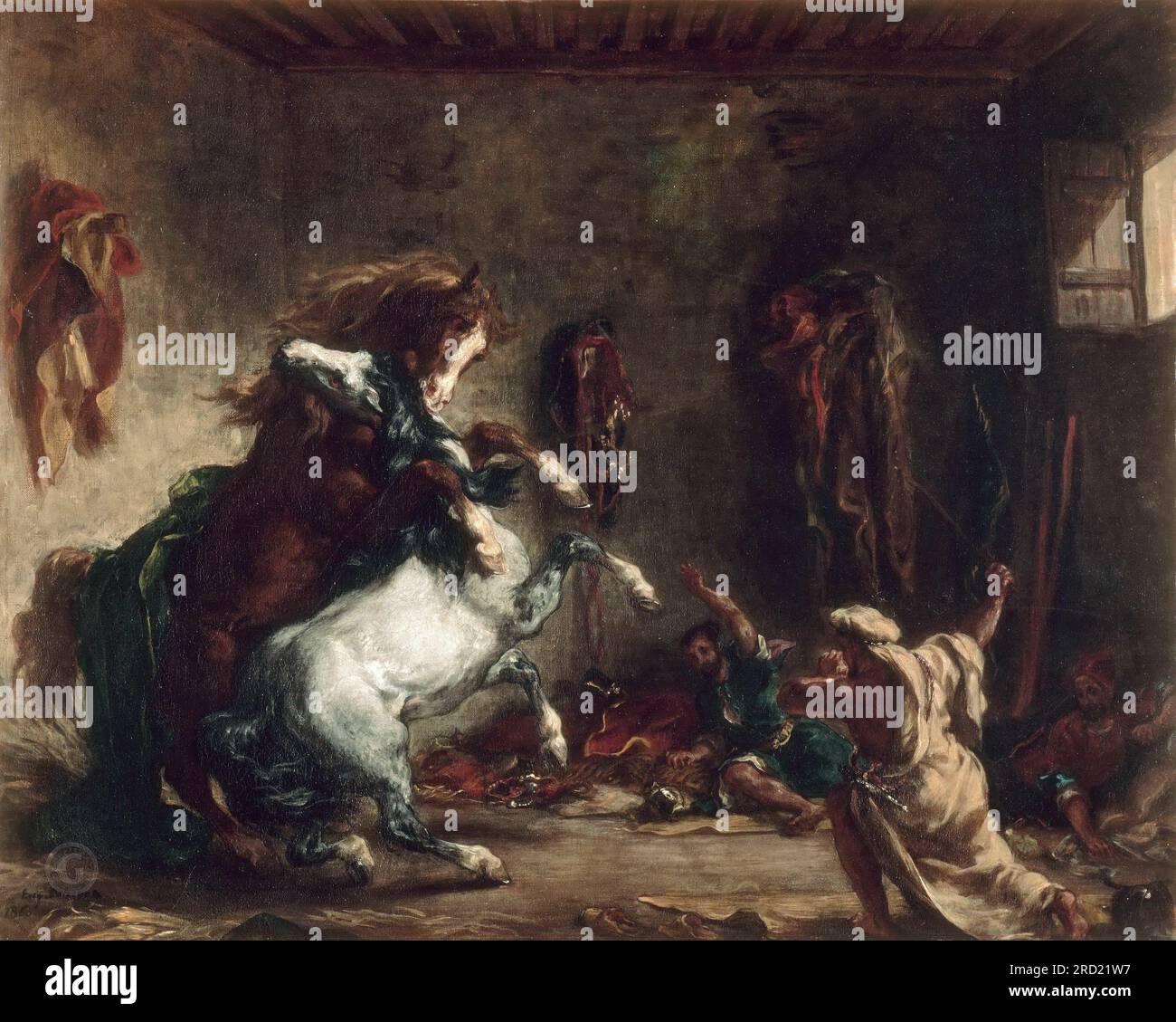 Eugène Delacroix – chevaux arabes combattant dans une écurie Banque D'Images