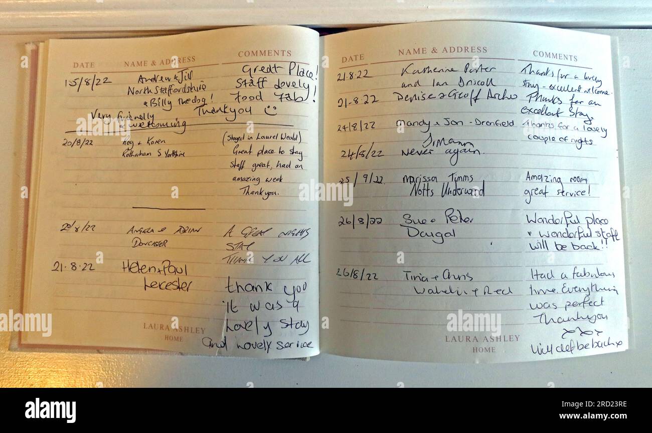 Entrées remplies dans un Bed and Breakfast Filey, écrites à la main par Real Guest & Customers, North Yorkshire, Angleterre, Royaume-Uni, YO14 9LW Banque D'Images
