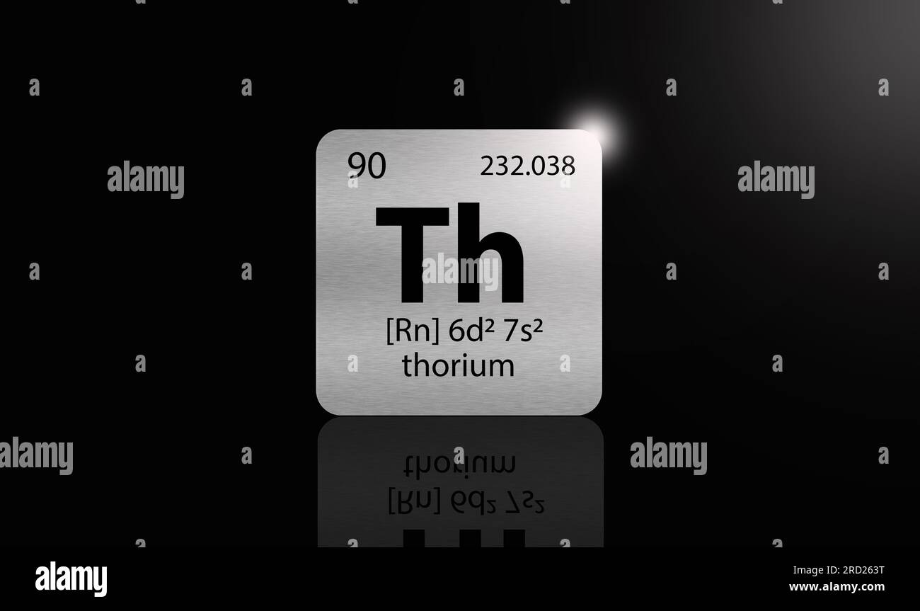 Éléments de thorium sur un tableau périodique métallique sur fond sombre. Illustration de l'icône. Banque D'Images