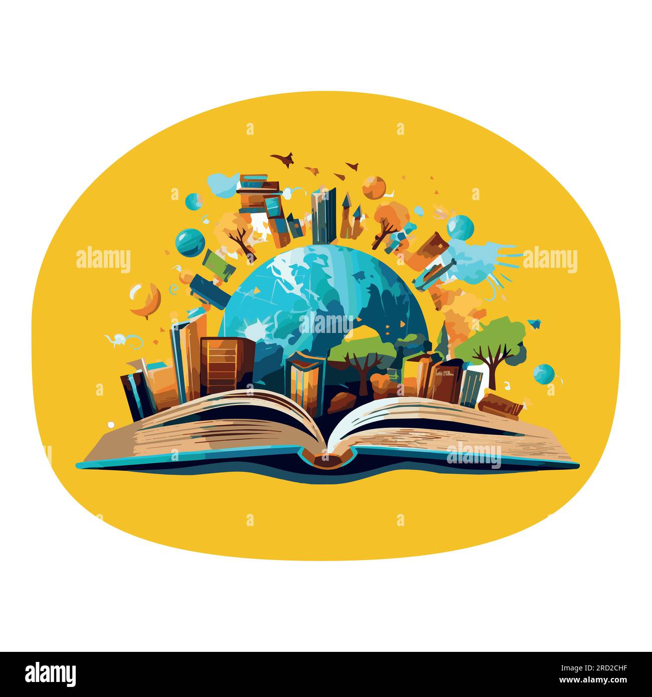 Livre ouvert avec globe du monde et ville dans un style plat isolé sur fond jaune. Le concept d'apprentissage. Illustration vectorielle. Illustration de Vecteur