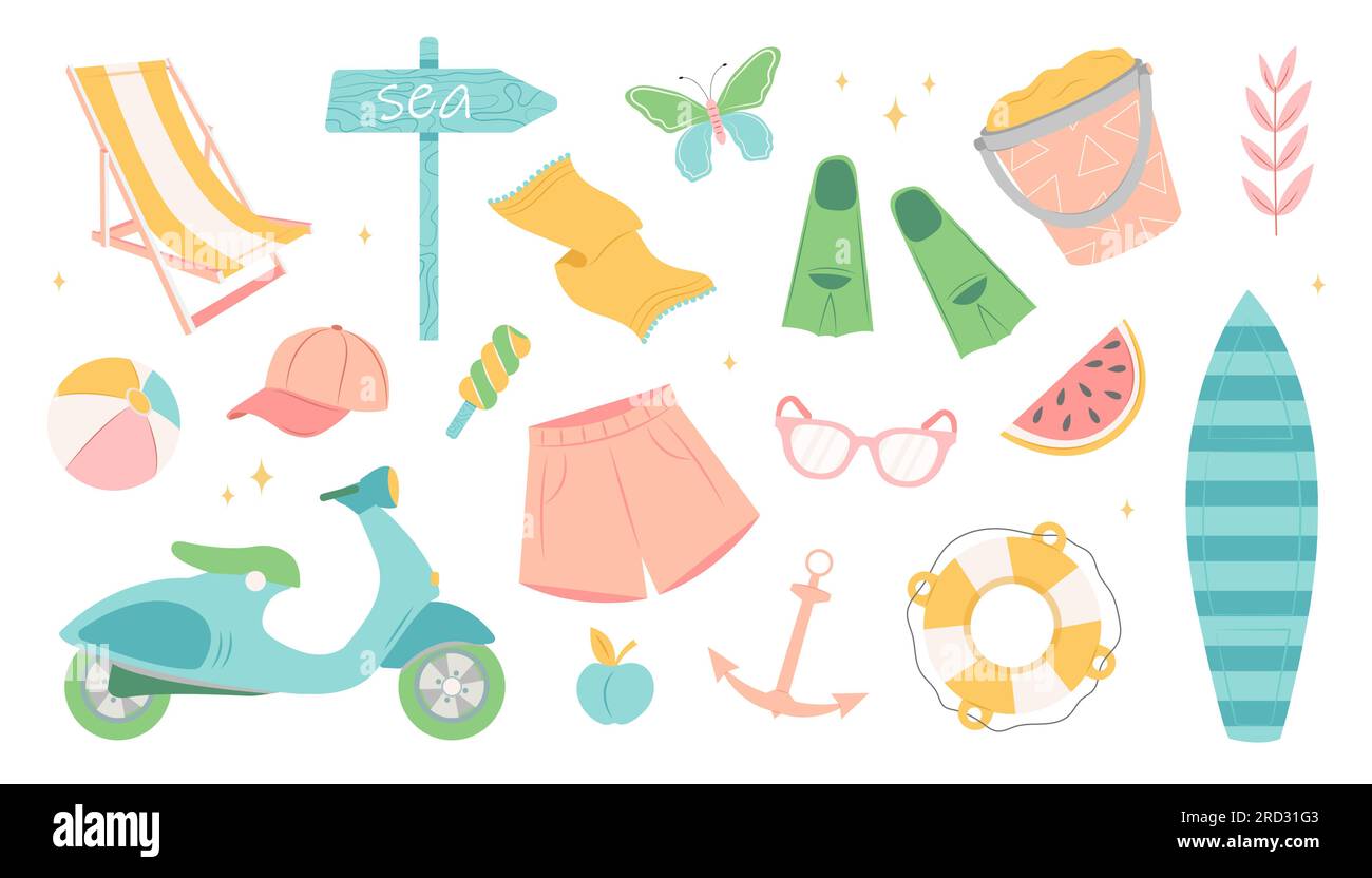 Collection d'éléments de plage d'été. Illustration de Vecteur