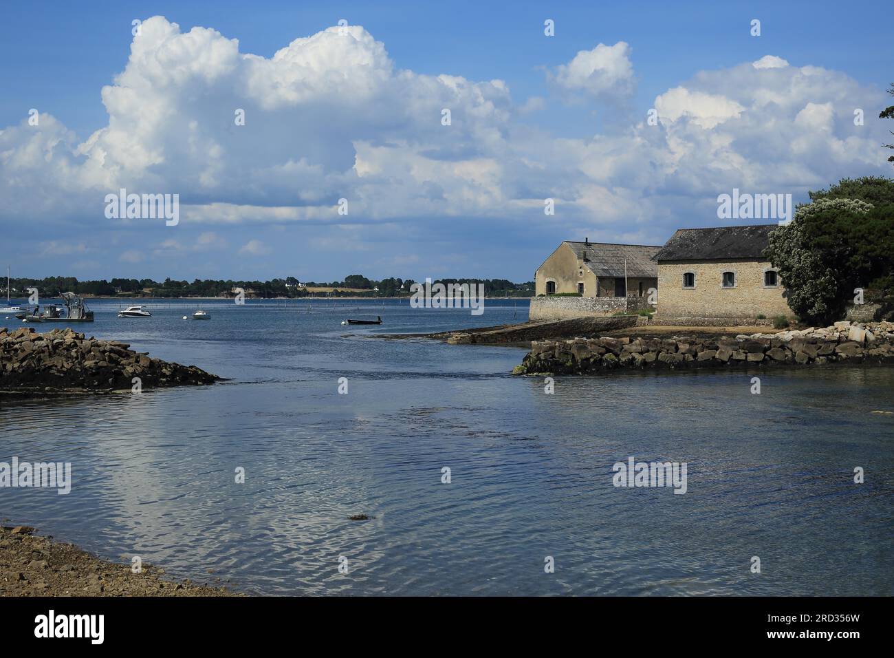 Marée entrante et vue sur Ile de Berder de rue de Berder, Larmor Baden, vannes, Morbihan, Brittany, France Banque D'Images