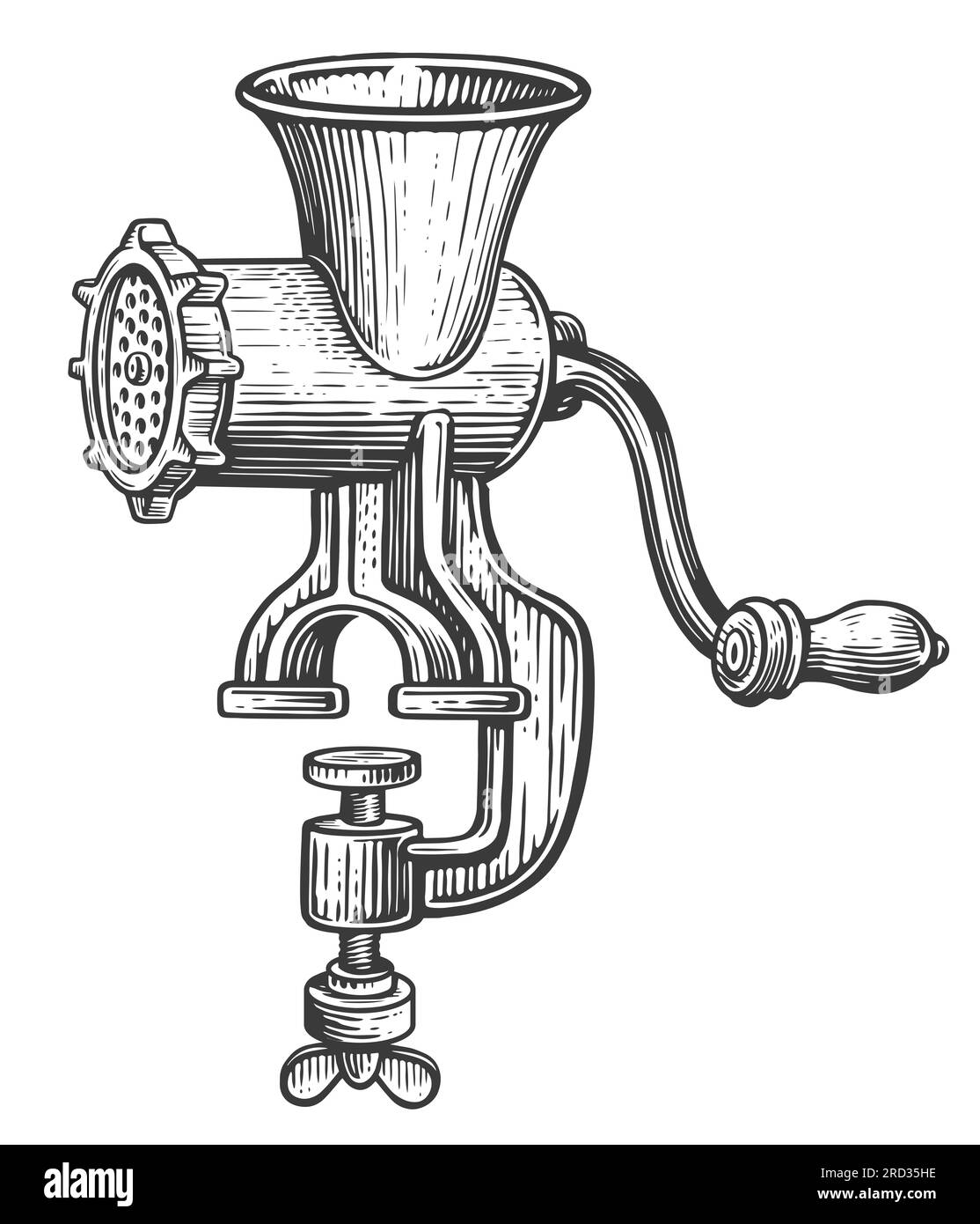 Hachoir à viande manuel vintage. Moulin de cuisine rétro avec illustration de croquis de poignée Banque D'Images