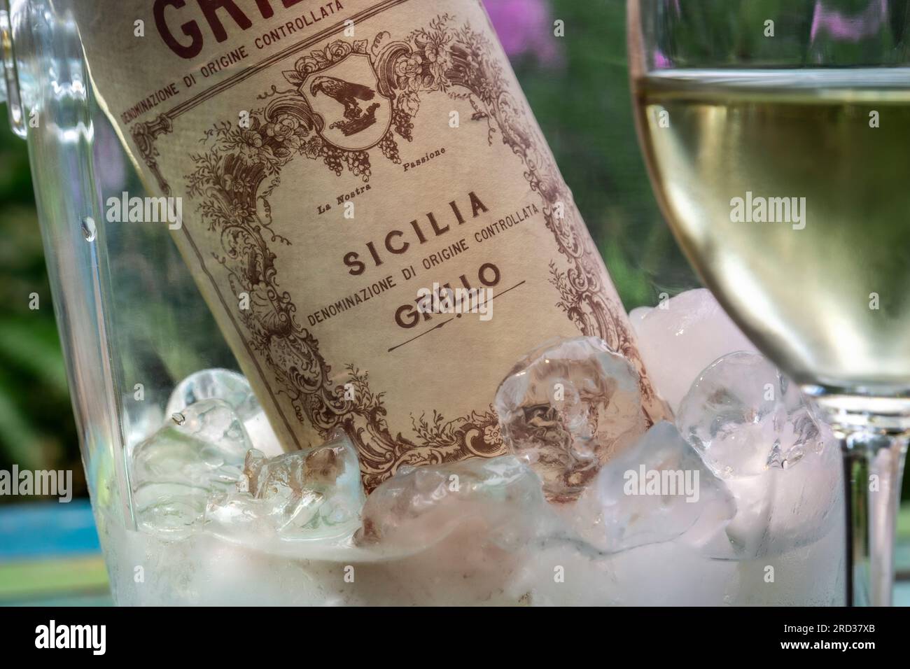 Bouteille de vin de Sicile GRILLO DOC Sicilien Grillo en Vin blanc Vin & verre coulé en premier plan en plein air terrasse jardin floral situation Italie Banque D'Images