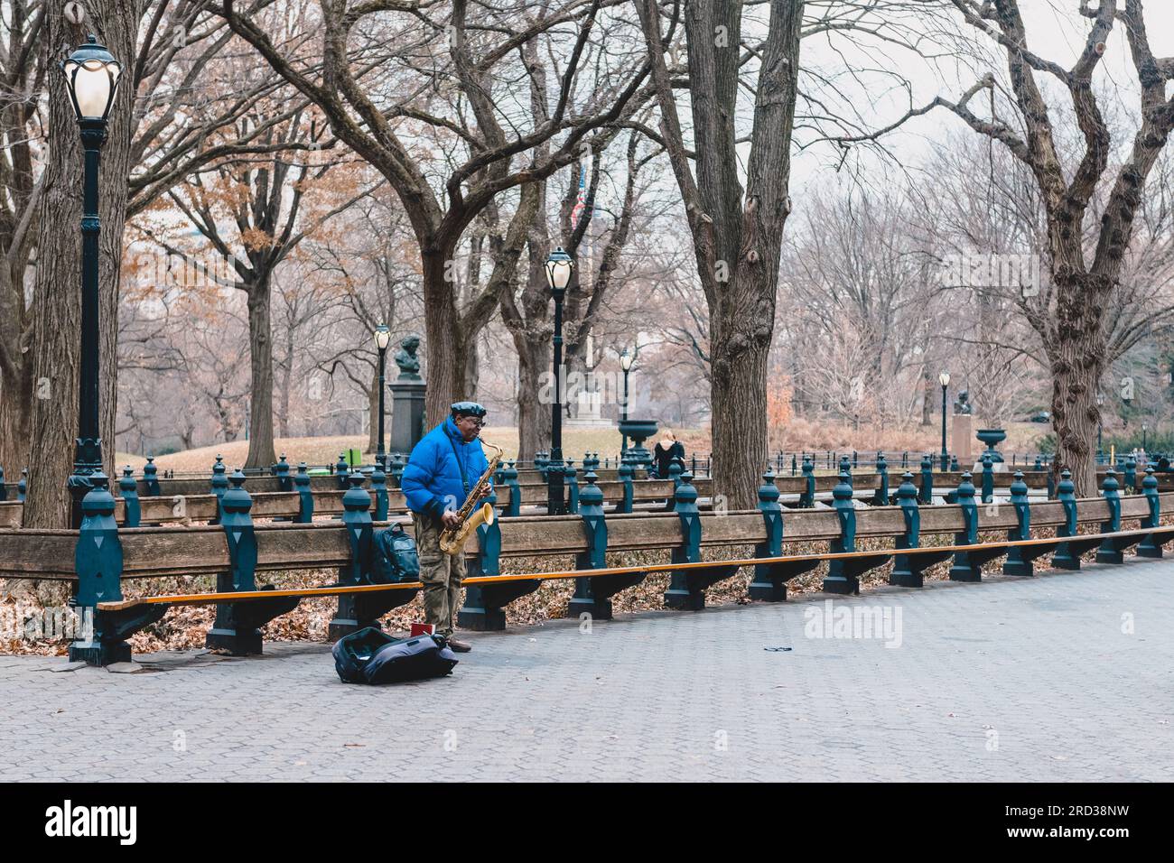 Busker jouant du saxophone tandis que d'autres passants passent autour de lui, Central Park, New York Banque D'Images