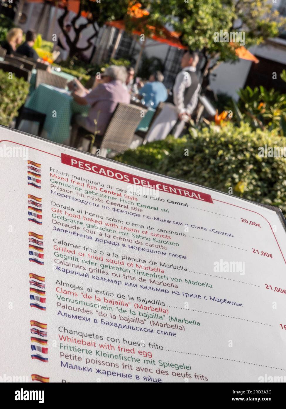 MENU EN PLEIN AIR espagnol menu de poissons multilingue en plein air avec dîner repas et menus traduits en anglais allemand français et russe Marbella Espagne Banque D'Images