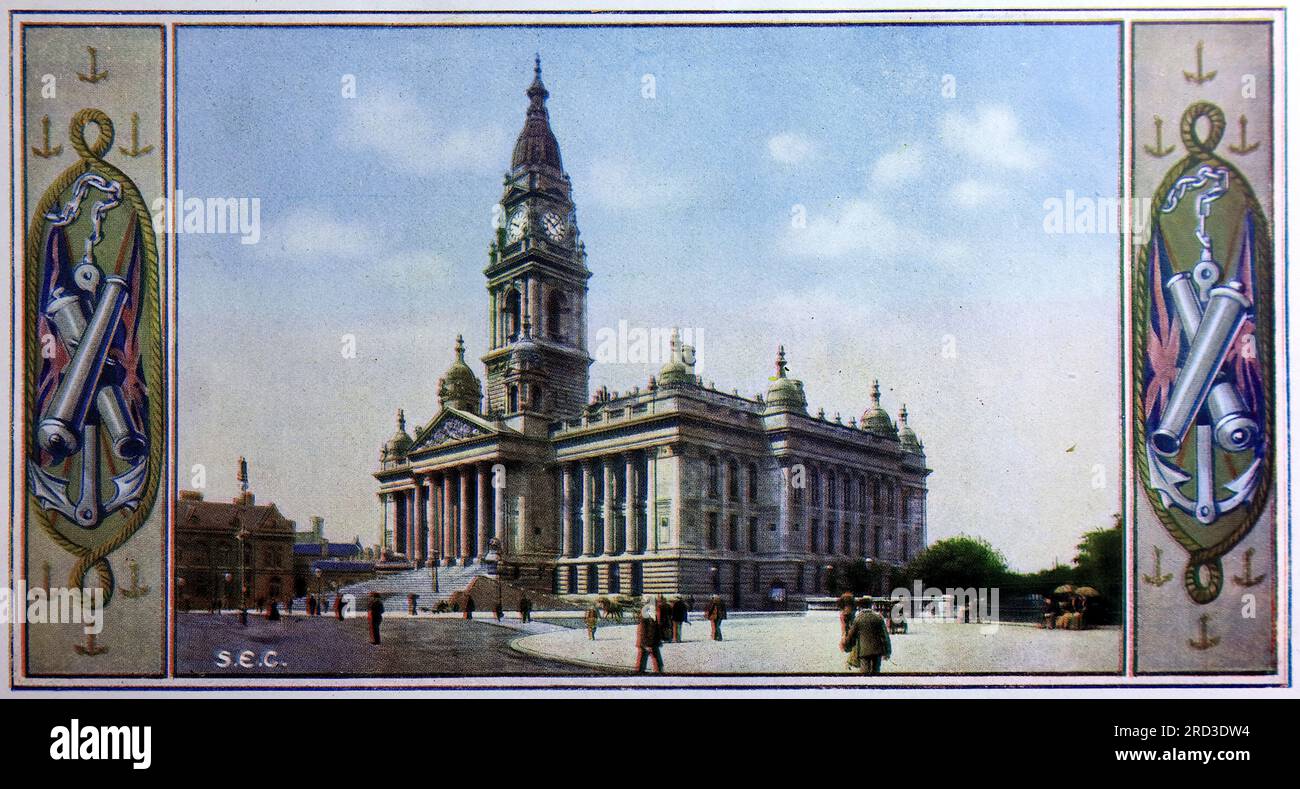 The Town Hall, Portsmouth, d'après une photographie de la Photochrom Company (Londres). Extrait d'une collection d'annonces imprimées et de photographies datées de 1908 concernant les régions de Southsea et Portsmouth dans le Hampshire, en Angleterre. Certains des originaux n'étaient guère plus que la taille d'instantané et la qualité était variable. Banque D'Images