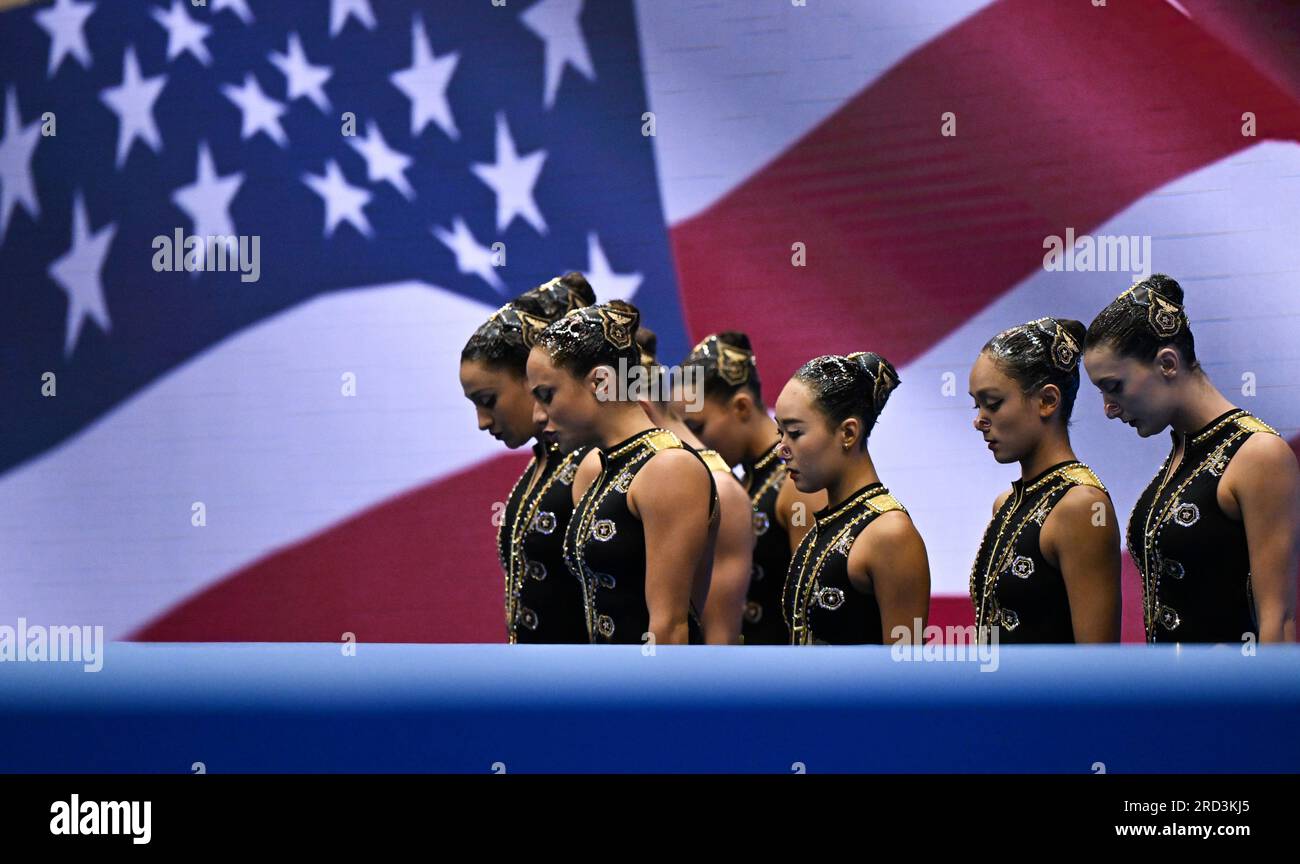 Fukuoka, Japon. 18 juillet 2023. Team United States se produit lors de la finale technique par équipe de natation artistique aux Championnats du monde aquatiques à Fukuoka, Japon, le 18 juillet 2023. Crédit : Xia Yifang/Xinhua/Alamy Live News Banque D'Images